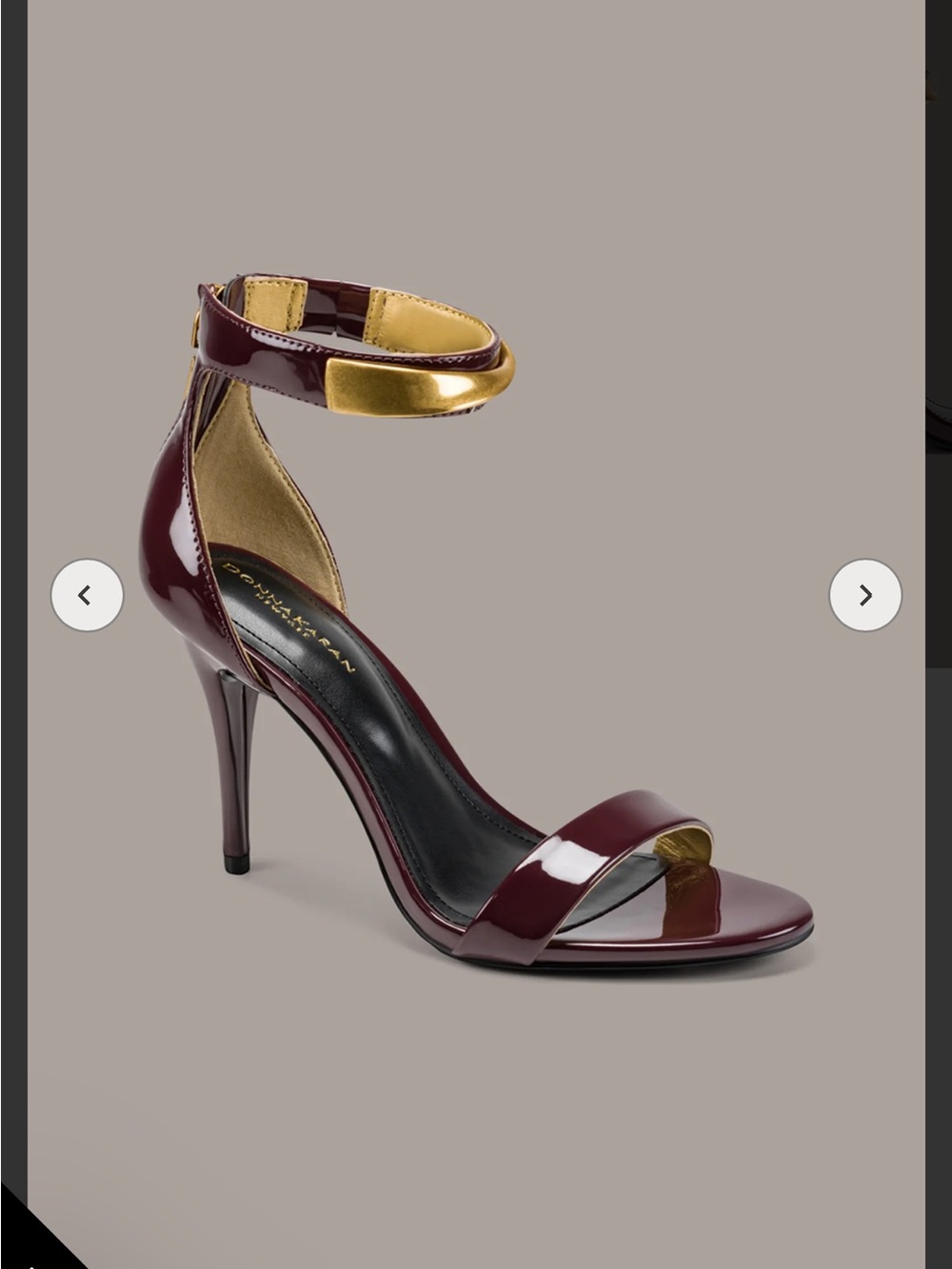 Donna Karan Burgundy Patent Ankle-Strap Heel with Gold Accent